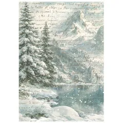 Winterlicher Bergsee mit französischem Schrifttext überlagert.