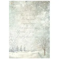 Gedichttext 'The Snow that never drifts' auf verschneitem Hintergrund mit Bäumen.