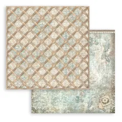 Korbgeflecht-Muster, Rückseite Vintage-Blumendamast mit Postmarke.