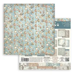 Hängende Ornamente auf blauem Muster, Rückseite Verpackungsvorschau.