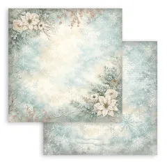 Poinsettia- und Schneeflocken-Eckbordüre auf Creme, Rückseite ähnliches Schneemuster.
