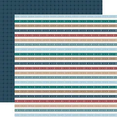 Gestreiftes Winterpapier mit Schneeflocken-Bordüren und dunkelblauer Karomuster-Rückseite