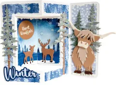 Aufklappbare Winterkarte mit Rehen, Hochlandrind und Schriftzug 'Kerst Knuffels'