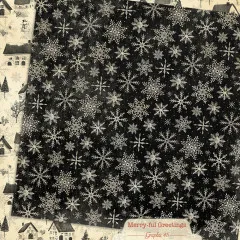 Winterliche Szene mit Häusern, schwarzen und cremefarbenen Schneeflocken als revers Muster auf doppelseitigen Bögen