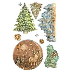 Bemaltes Ergebnis der Stamperia Silikonform 'Winter Landscape' mit Tannenbäumen und Hirschmotiv.