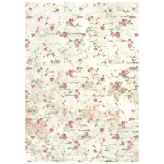 Cremefarbenes Hintergrundpapier mit rosa Blütenranke und Vintage-Schrift.