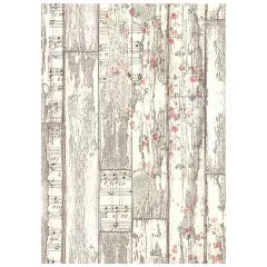 Verwitterte Holzoptik mit Notenblatt- und Rosen-Collage.