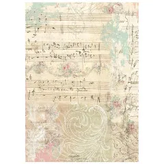Vintage-Notenblatt mit handschriftlichem Text und Rosenranken.