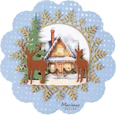 Rundes Anhänger-Kärtchen mit Blockhaus-Motiv, zwei Rehen und goldenen Schneeflocken