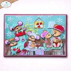 Große Karte mit Mäusefamilie in Pyjamas, Teddys, Geschenken, Schneeflocken und Lampe