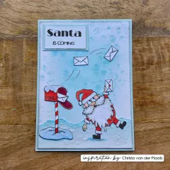 Blaue Winterkarte mit Weihnachtsmann, rotem Mail-Briefkasten und fliegenden Briefumschlägen