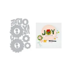 Stanzformen neben einer runden Shaker-Karte mit rosa Hintergrund, Pailletten-JOY-Schriftzug und rotem Schleifenkranz.