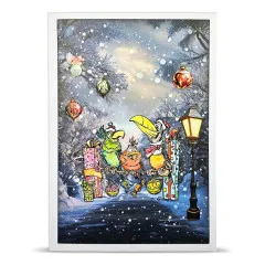 Winterliche Fotokarte mit drei Vögeln, Laterne und hängenden Christbaumkugeln