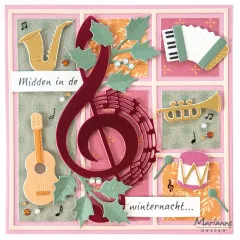 Winterkarte mit Instrumenten-Raster, goldenem Notenschlüssel und Stechpalmenzweig