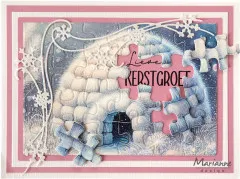 Gestaltete Winter-Karte mit Iglu-Motiv, Schneeflocken und herausgelösten Puzzleteilen