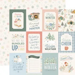 Zwölf heraustrennbare Scrapbooking-Karten mit englischen Wintersprüchen, Gänsen und Tannenbäumen.