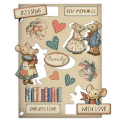 Ausgestanzte Holzformen aus Wooden Shapes Family zeigen einzelne Mäusefiguren, Herzen und Text-Label mit 3D-Effekt