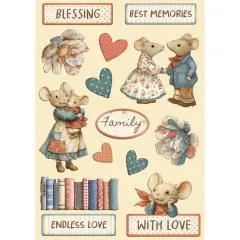 Vollständiger Wooden Shapes Family Bogen mit allen Holzverzierungen: Mäusenpaar, Herzen, Vögel und Spruchbanner auf Creme
