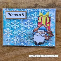 Blaue X-Mas Karte mit weiß geprägten Schneeflocken, Weihnachtsmann und Geschenk