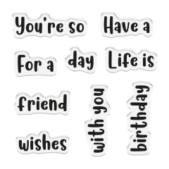 Rasteransicht der Wortstempel des You're So Sweet Sets mit Texten wie Have a, Life is und Birthday