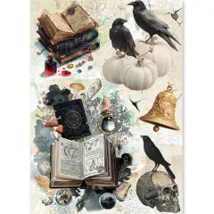 Reispapier-Bogen mit Zauberbüchern, Raben, weissen Kürbissen und Totenkopf im Design The Witch's Grimoire