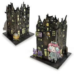 Zwei gruselige Laternenhäuser 'cute to the bone' mit Fledermäusen und Skelett-Figur