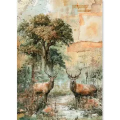 Reispapier-Bogen mit zwei Hirschen vor herbstlichem Wald im Design The Nature Journal