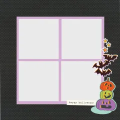 Scrapbooking-Seite mit vier leeren Fotorahmen, dekoriert mit Fledermäusen, einem Kürbis-Stapel und dem Etikett „Happy Halloween"